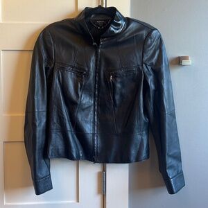 Worth New York 12 black genuine leather moto jacket with zipper and gray back